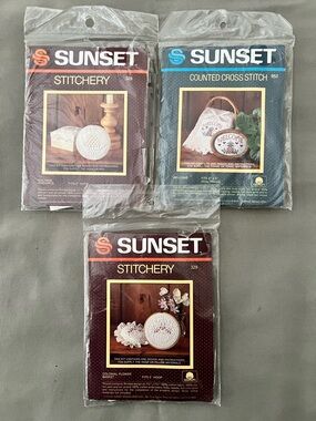 SUNSET Vintage Stitchery & Counted Cross Stitch Kits - Lot of 3 - from 1980’s